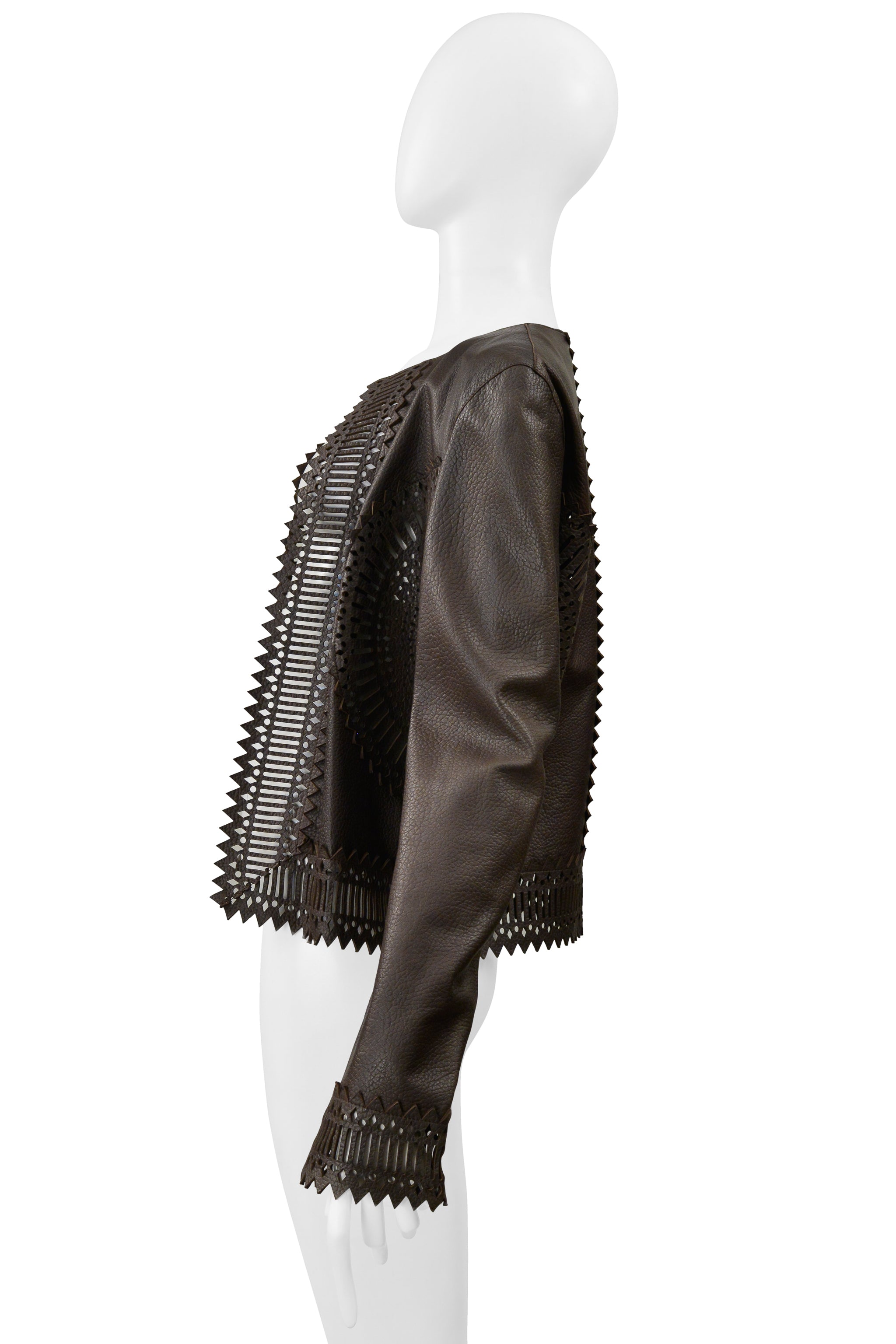 GIANFRANCO FERRE BROWN LEATHER LASER CUT JACKET