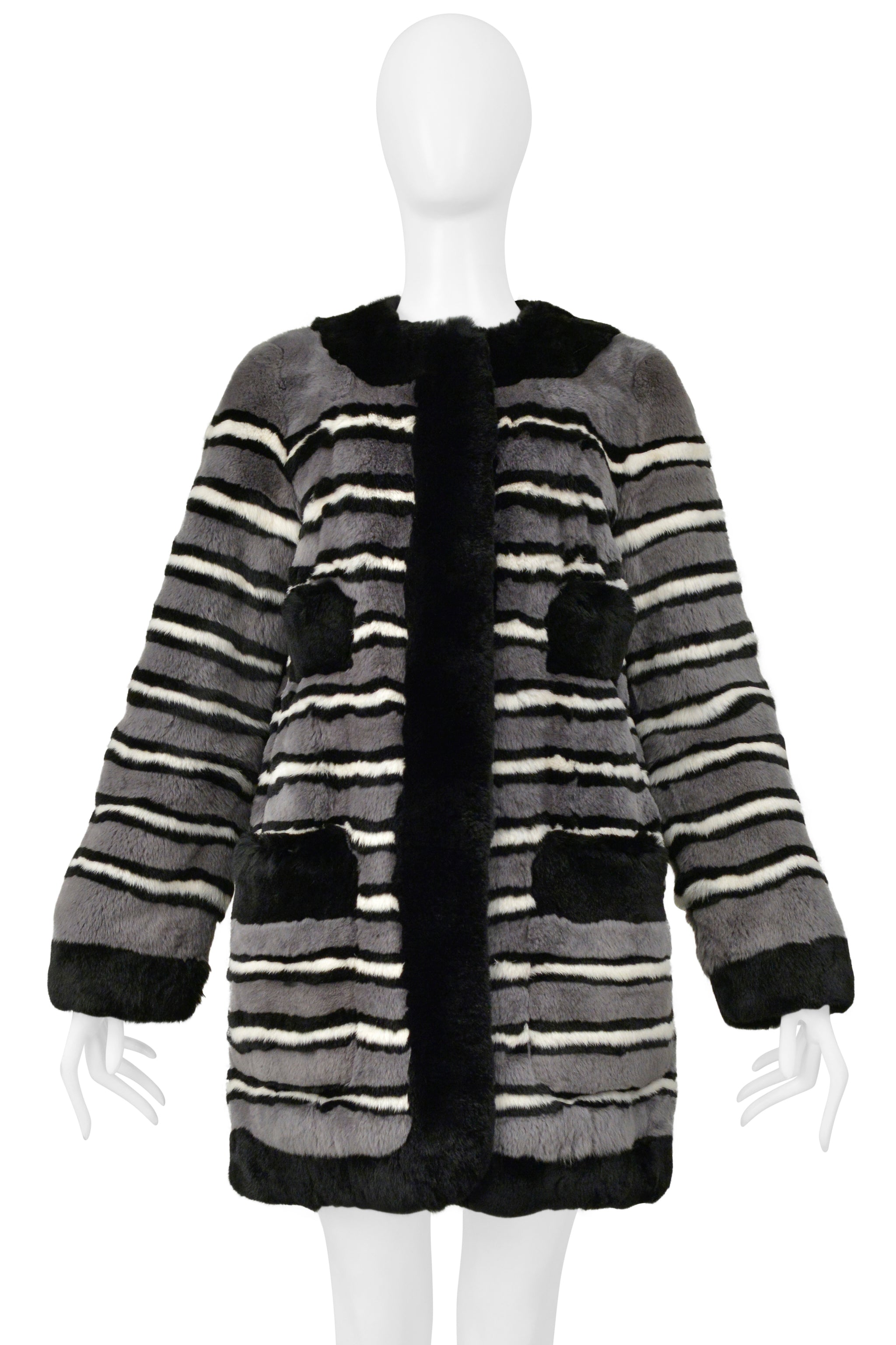 MARC JACOBS GREY AND BLACK STRIPED RABBIT FUR COAT 2014