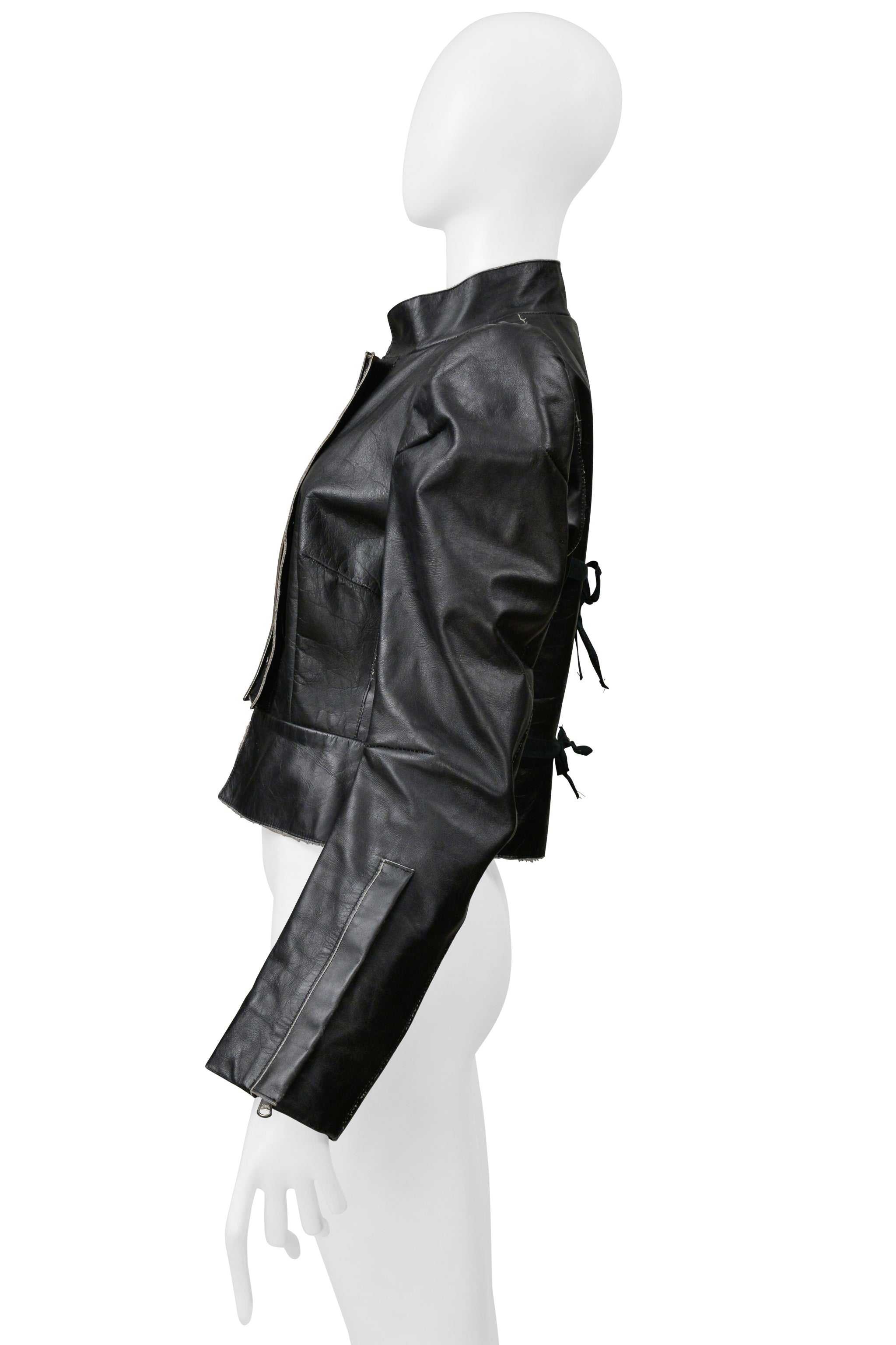 MAISON MARTIN MARGIELA BLACK DISTRESSED LEATHER JACKET WITH LARGE BUCKLE AND TIES 1990S