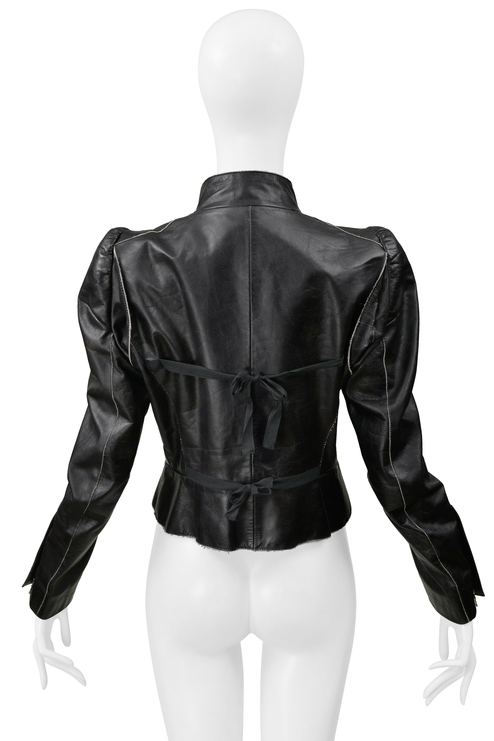 MAISON MARTIN MARGIELA BLACK DISTRESSED LEATHER JACKET WITH LARGE BUCKLE AND TIES 1990S