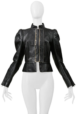 MAISON MARTIN MARGIELA BLACK DISTRESSED LEATHER JACKET WITH LARGE BUCKLE AND TIES 1990S