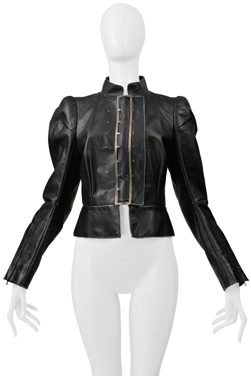 MAISON MARTIN MARGIELA BLACK DISTRESSED LEATHER JACKET WITH LARGE BUCKLE AND TIES 1990S