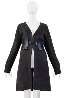 MAISON MARTIN MARGIELA GREY MOHAIR COAT WITH VERTICAL ZIPPERS AND LEATHER OBI BELT AW 2000