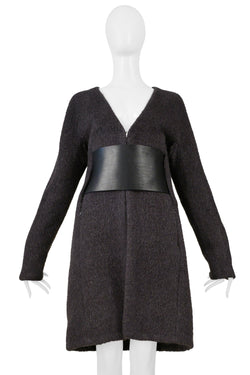 MAISON MARTIN MARGIELA GREY MOHAIR COAT WITH VERTICAL ZIPPERS AND LEATHER OBI BELT AW 2000