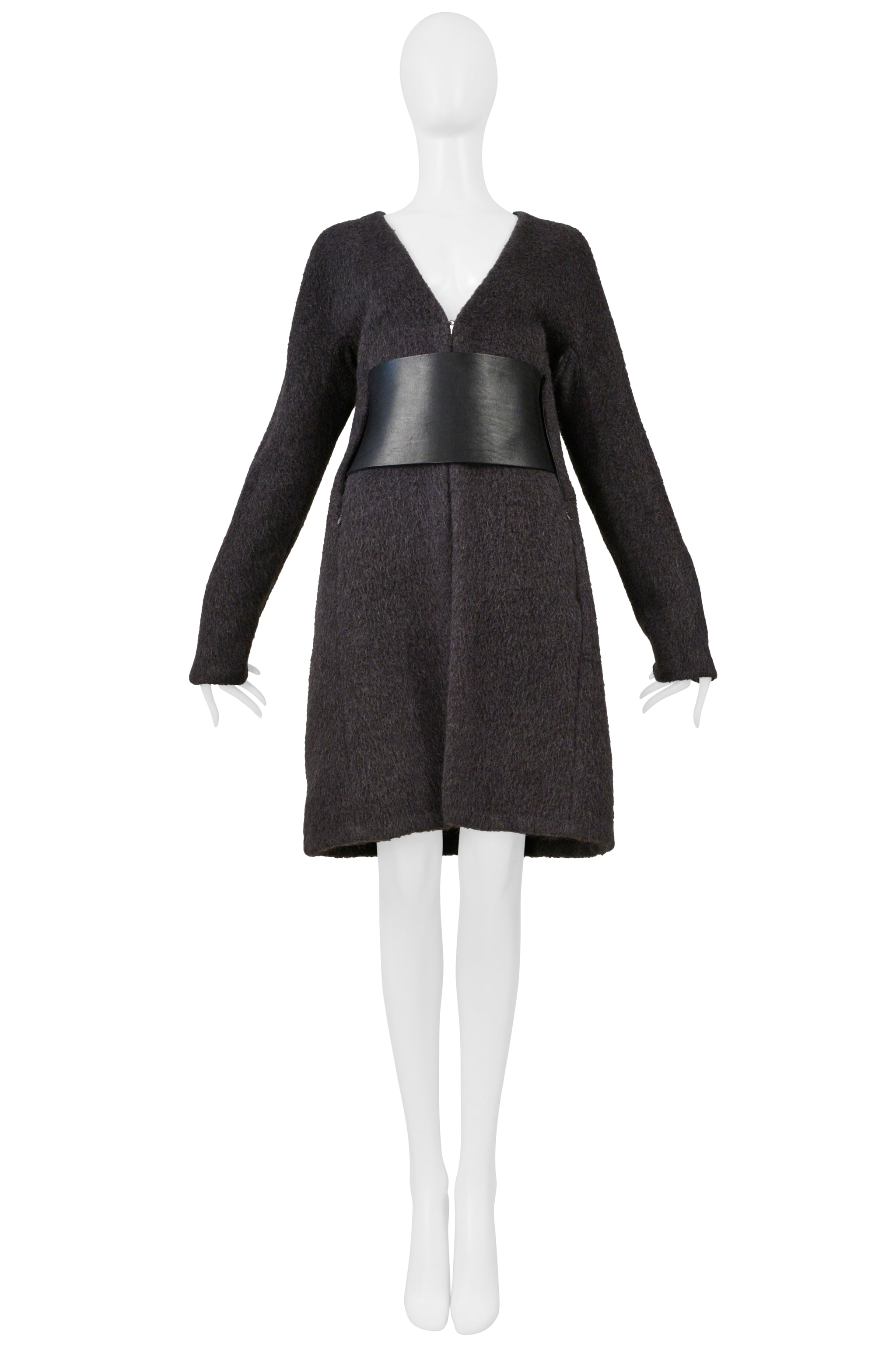 MAISON MARTIN MARGIELA GREY MOHAIR COAT WITH VERTICAL ZIPPERS AND LEATHER OBI BELT AW 1996