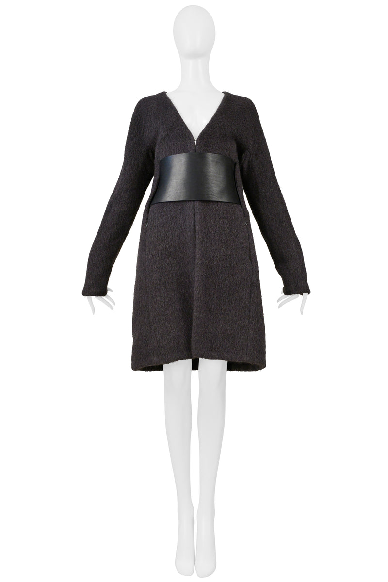 MAISON MARTIN MARGIELA GREY MOHAIR COAT WITH VERTICAL ZIPPERS AND LEATHER OBI BELT AW 2000