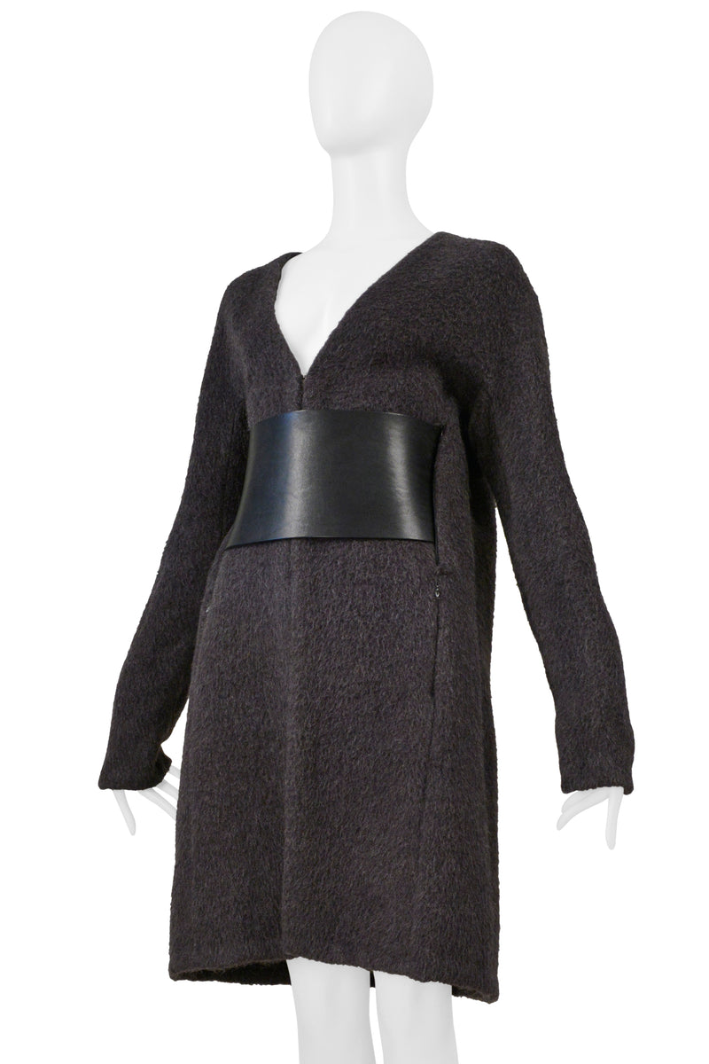 MAISON MARTIN MARGIELA GREY MOHAIR COAT WITH VERTICAL ZIPPERS AND LEATHER OBI BELT AW 2000