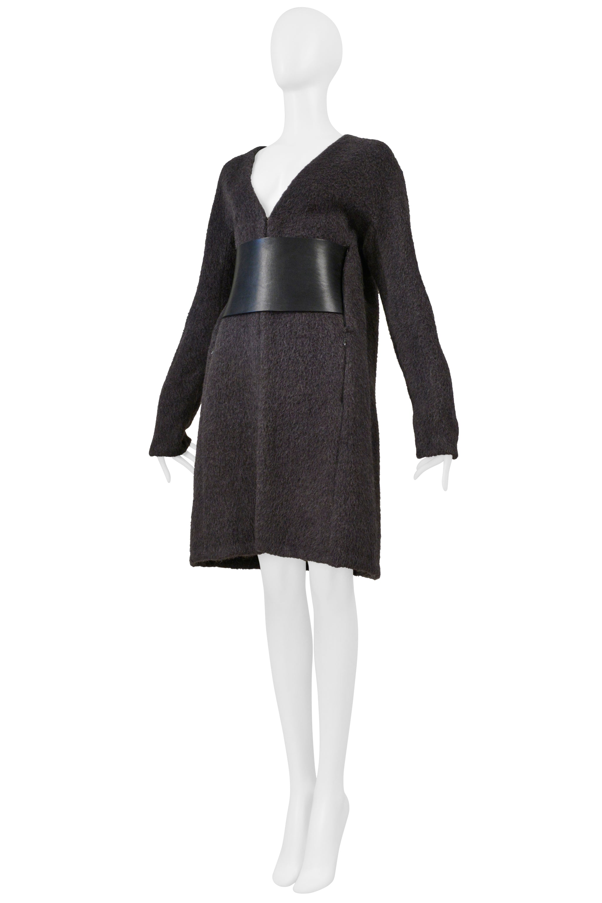 MAISON MARTIN MARGIELA GREY MOHAIR COAT WITH VERTICAL ZIPPERS AND LEATHER OBI BELT AW 1996