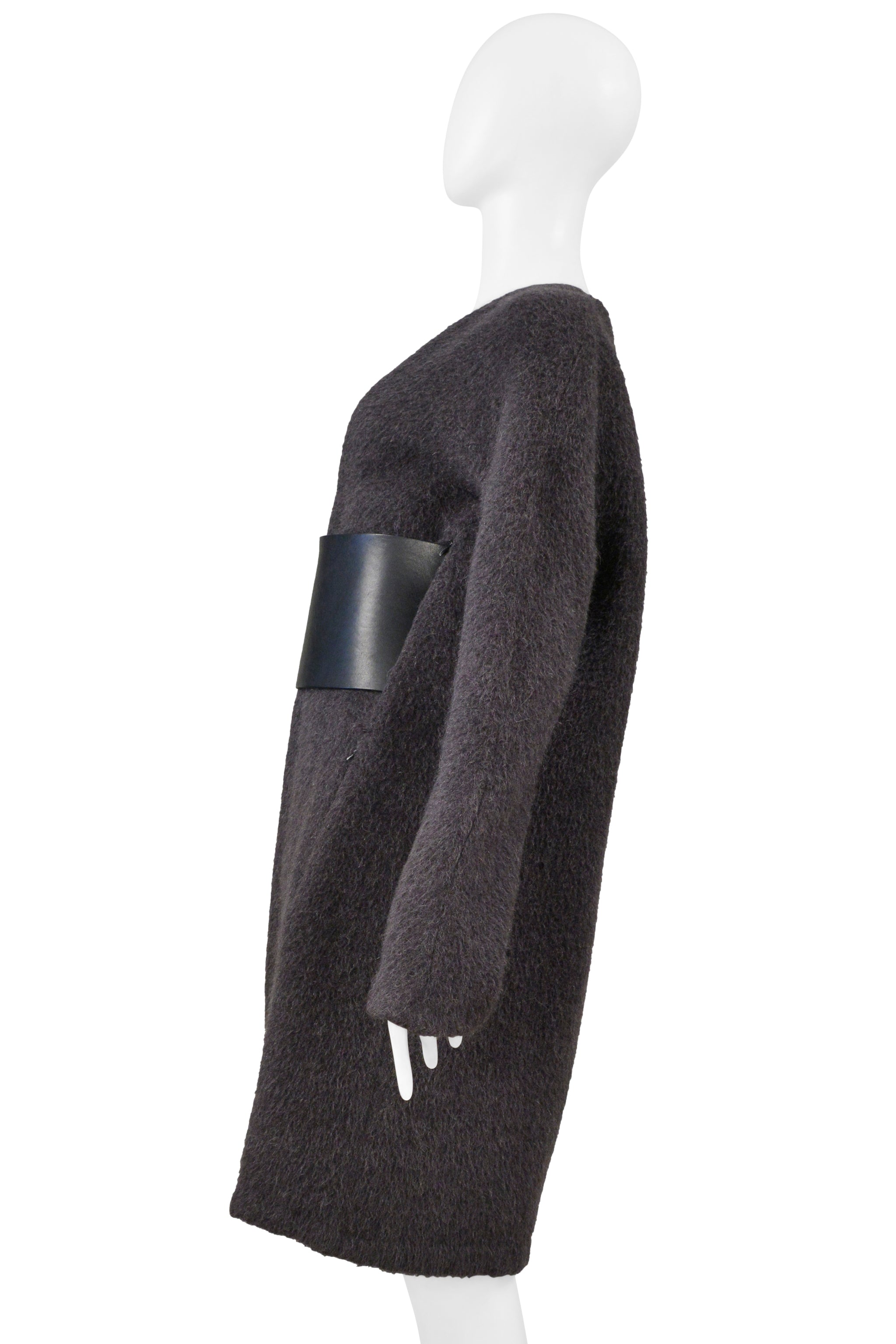 MAISON MARTIN MARGIELA GREY MOHAIR COAT WITH VERTICAL ZIPPERS AND LEATHER OBI BELT AW 1996