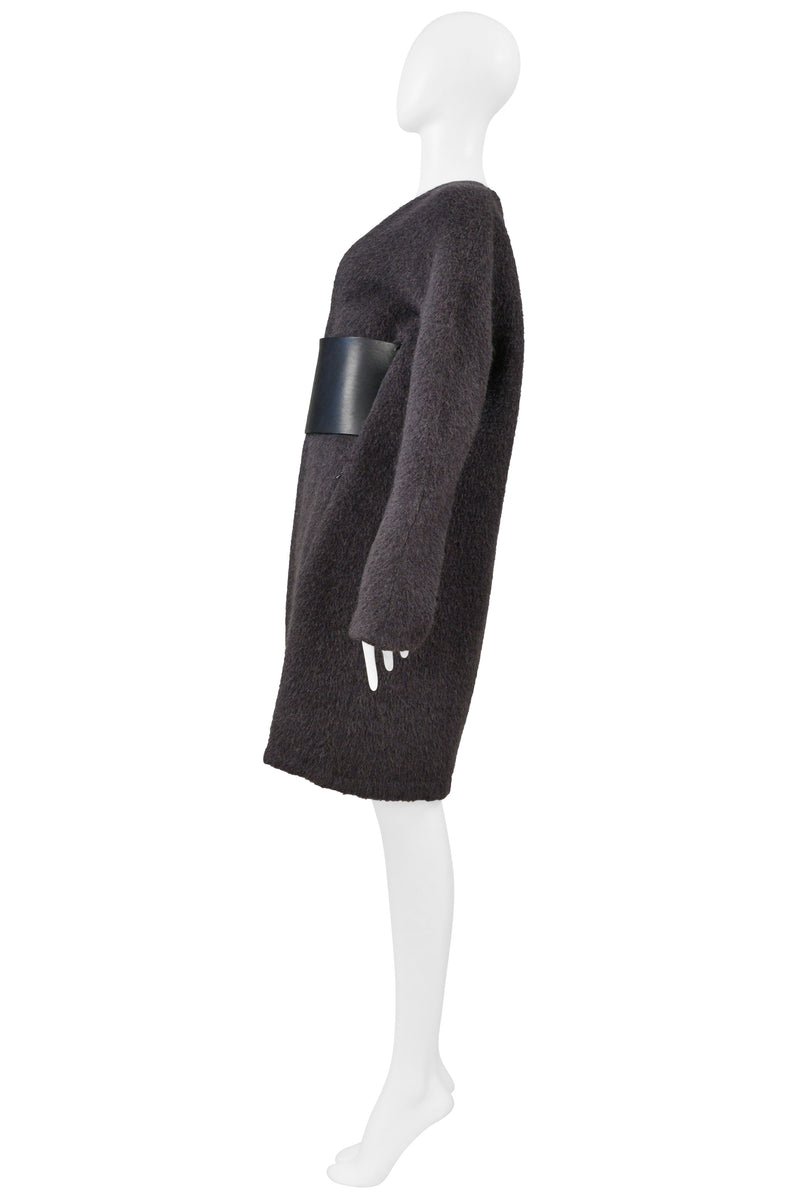 MAISON MARTIN MARGIELA GREY MOHAIR COAT WITH VERTICAL ZIPPERS AND LEATHER OBI BELT AW 2000