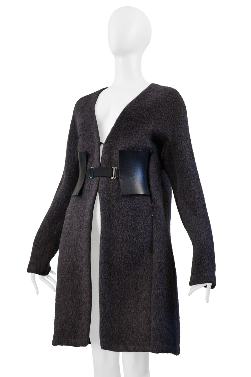 MAISON MARTIN MARGIELA GREY MOHAIR COAT WITH VERTICAL ZIPPERS AND LEATHER OBI BELT AW 2000