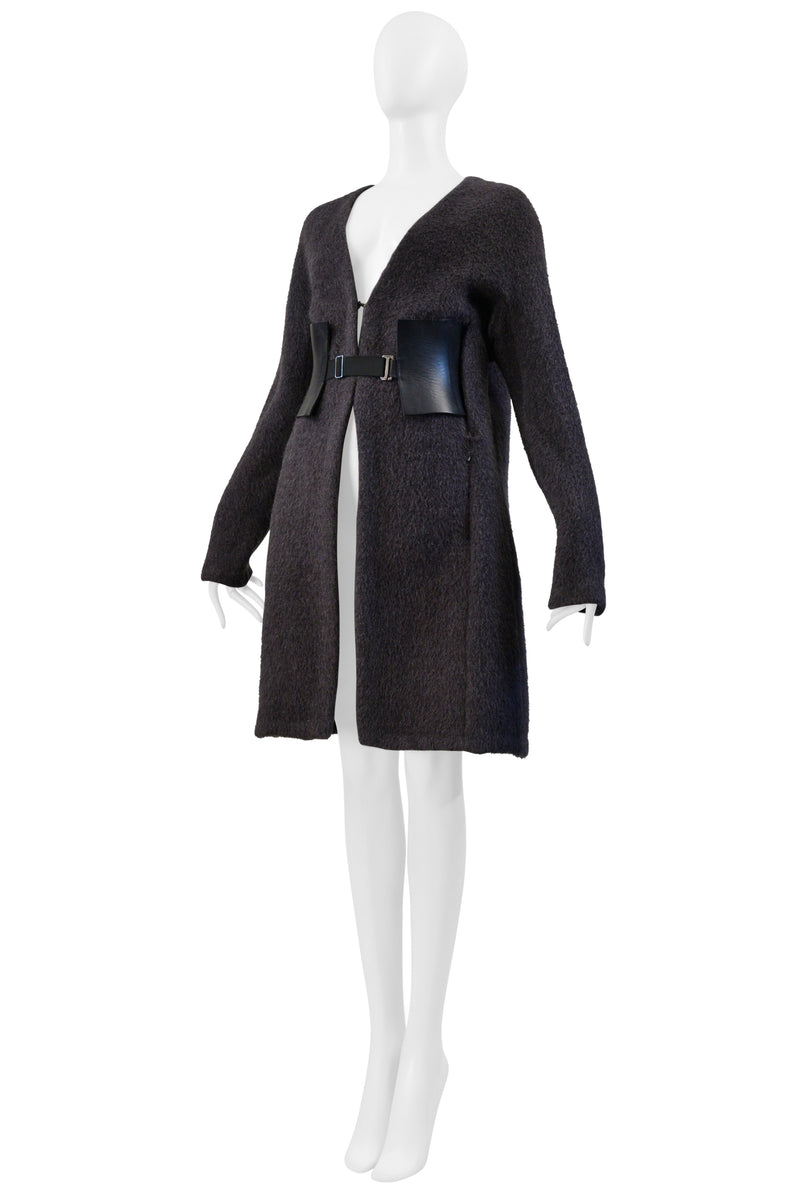MAISON MARTIN MARGIELA GREY MOHAIR COAT WITH VERTICAL ZIPPERS AND LEATHER OBI BELT AW 2000