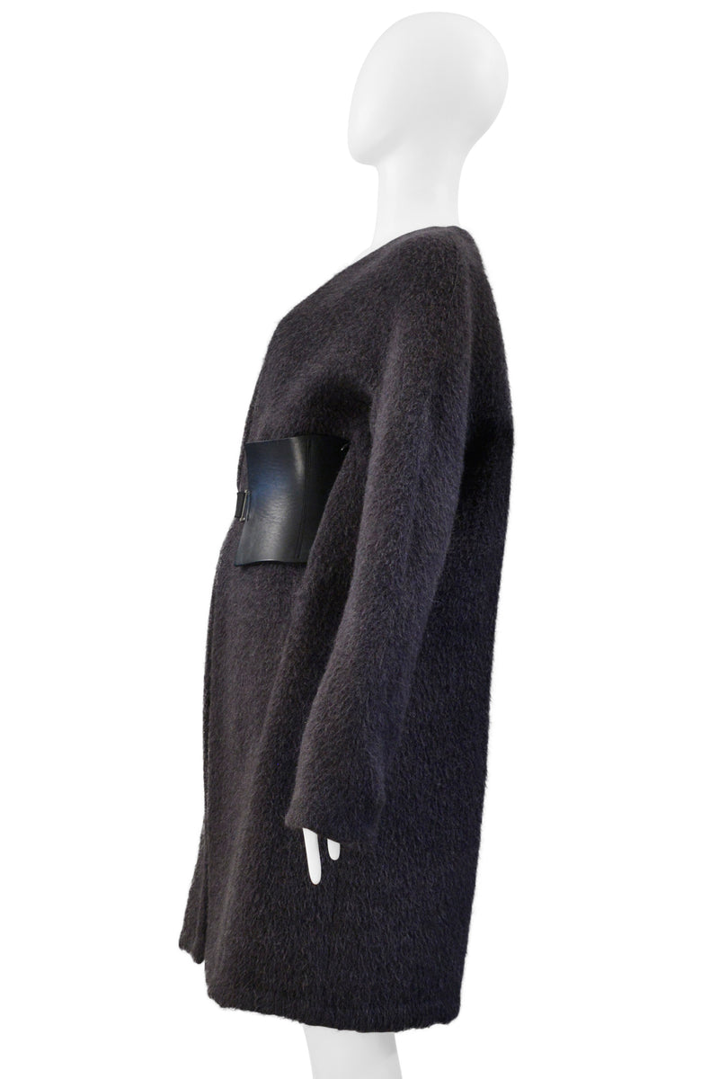 MAISON MARTIN MARGIELA GREY MOHAIR COAT WITH VERTICAL ZIPPERS AND LEATHER OBI BELT AW 2000