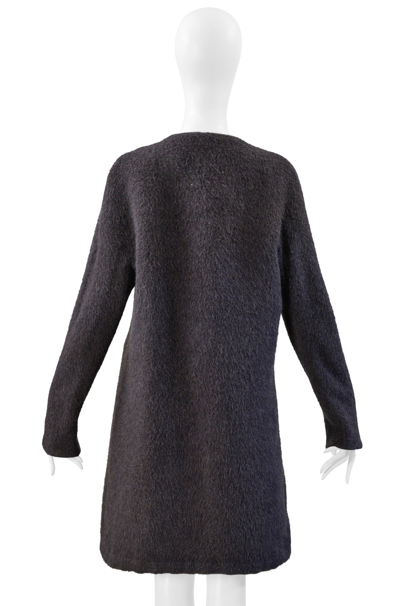 MAISON MARTIN MARGIELA GREY MOHAIR COAT WITH VERTICAL ZIPPERS AND LEATHER OBI BELT AW 2000