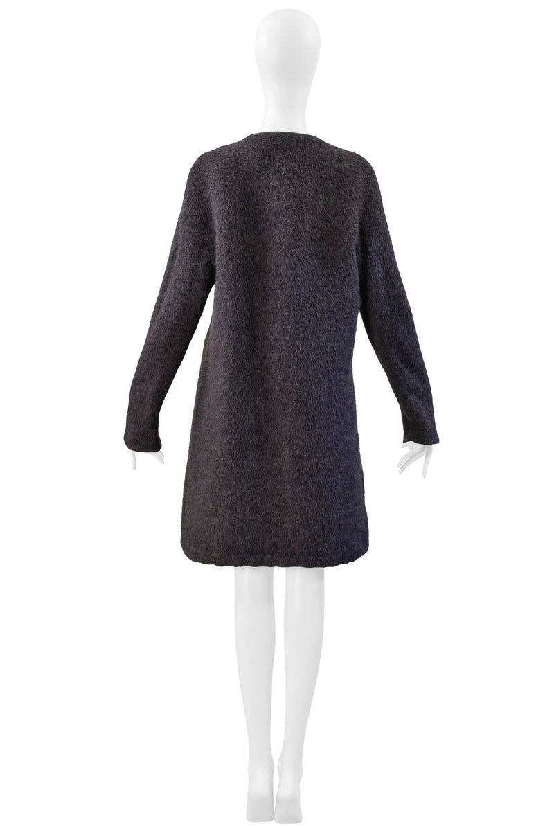 MAISON MARTIN MARGIELA GREY MOHAIR COAT WITH VERTICAL ZIPPERS AND LEATHER OBI BELT AW 2000