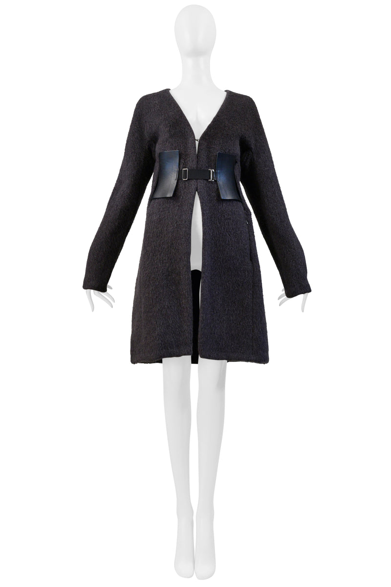 MAISON MARTIN MARGIELA GREY MOHAIR COAT WITH VERTICAL ZIPPERS AND LEATHER OBI BELT AW 2000
