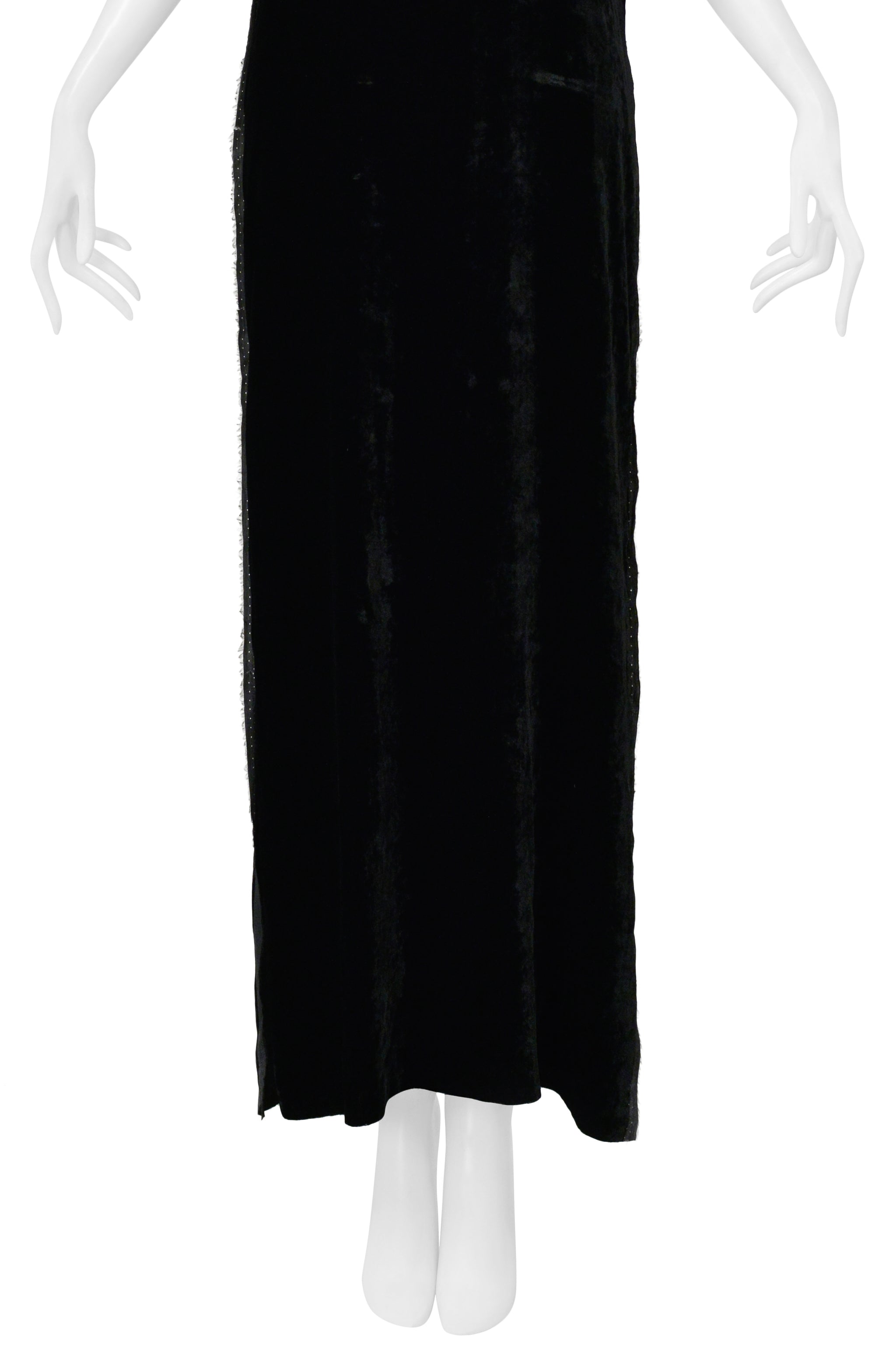 MAISON MARTIN MARGIELA BLACK VELVET SLEEVELESS EVENING GOWN W EXPOSED SELVAGE EDGES 2000