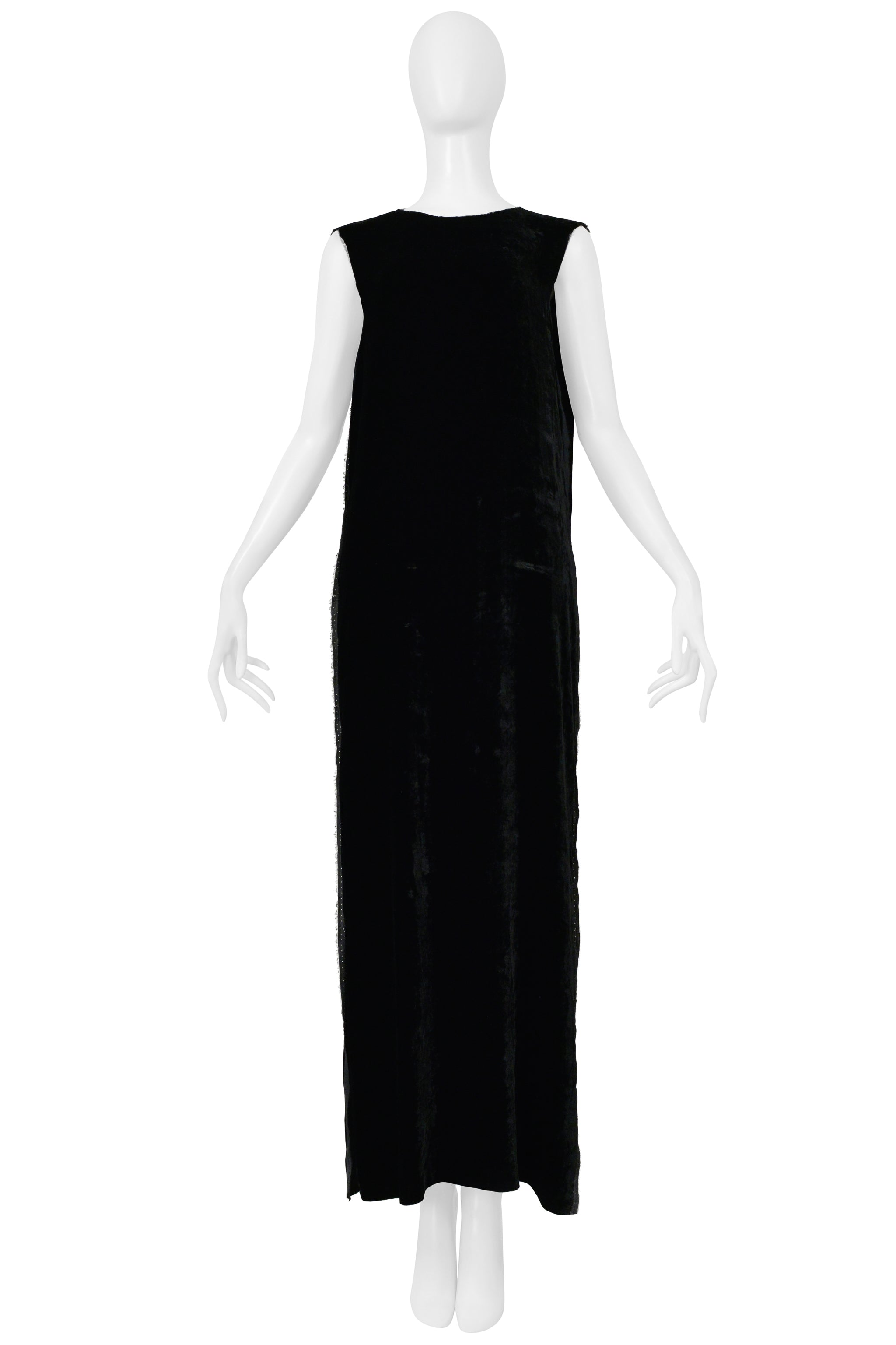 MAISON MARTIN MARGIELA BLACK VELVET SLEEVELESS EVENING GOWN W EXPOSED SELVAGE EDGES 2000