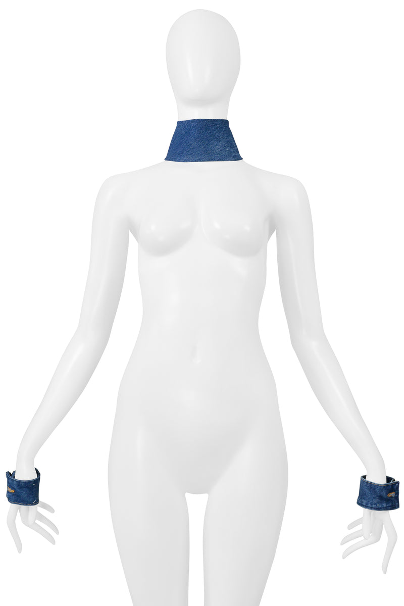 MAISON MARTIN MARGIELA ARTISANAL BLUE DENIM CHOKER NECKLACE AND CUFFS