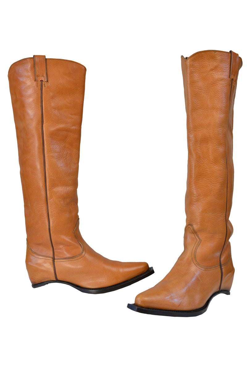 MARGIELA BROWN LEATHER HEELLESS COWBOY BOOTS SS 2000