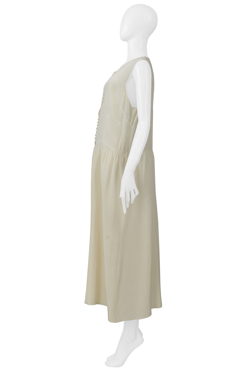 MAISON MARTIN MARGIELA OVER SIZED OFF WHITE CREPE DRESS  WITH BUTTON FRONT CIR. SS 2000