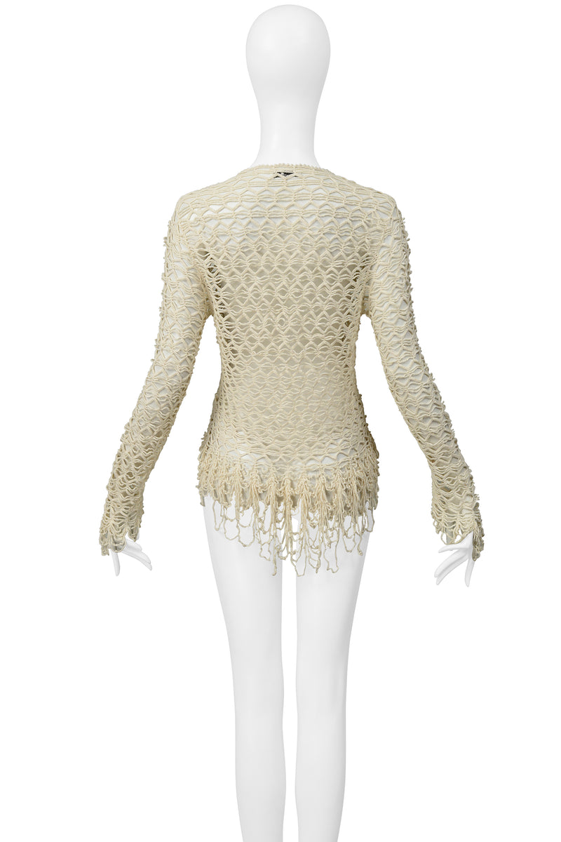 MATSUDA OFF WHITE FANCY STRING KNIT CARDIGAN SWEATER WITH FRINGE