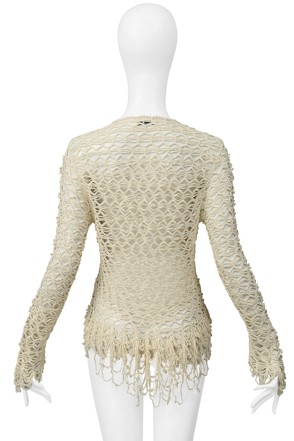 MATSUDA OFF WHITE FANCY STRING KNIT CARDIGAN SWEATER WITH FRINGE
