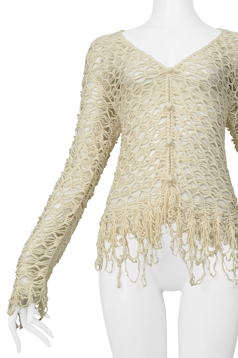 MATSUDA OFF WHITE FANCY STRING KNIT CARDIGAN SWEATER WITH FRINGE