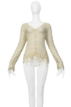 MATSUDA OFF WHITE FANCY STRING KNIT CARDIGAN SWEATER WITH FRINGE