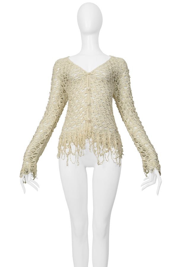 MATSUDA OFF WHITE FANCY STRING KNIT CARDIGAN SWEATER WITH FRINGE