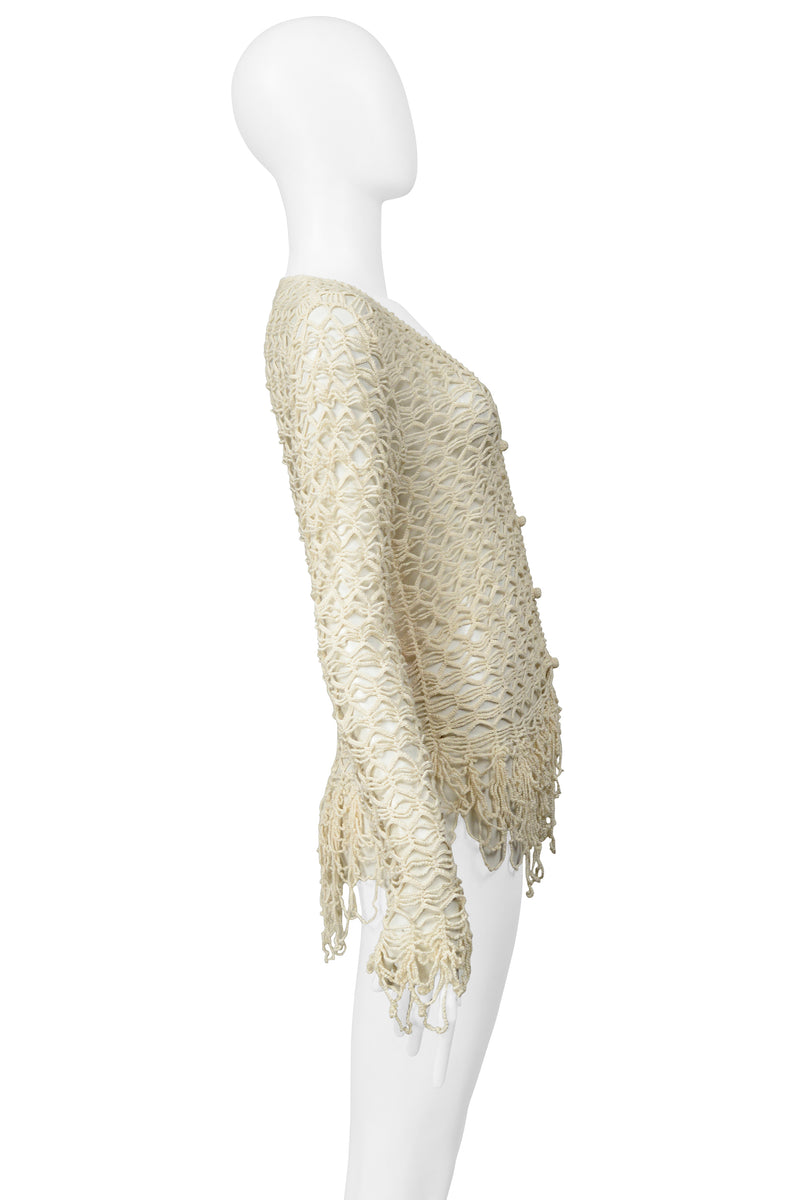 MATSUDA OFF WHITE FANCY STRING KNIT CARDIGAN SWEATER WITH FRINGE