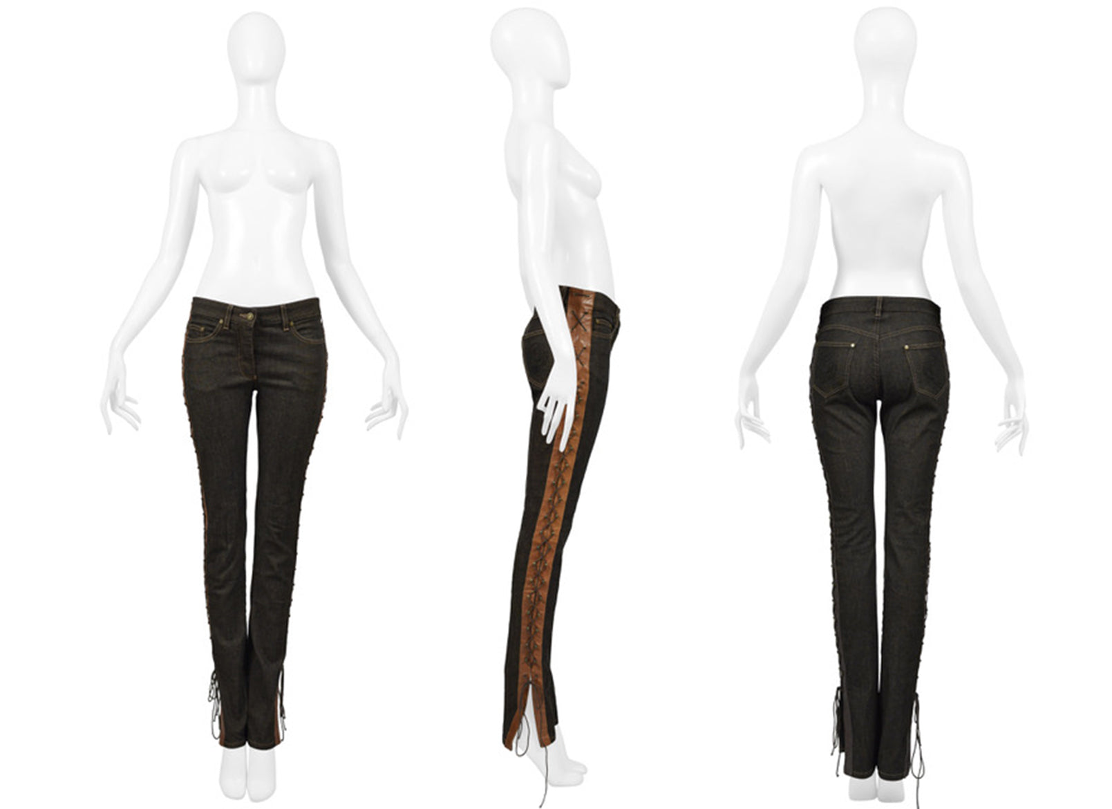 ALEXANDER MCQUEEN DENIM & BROWN LEATHER CORSET JEANS 2002