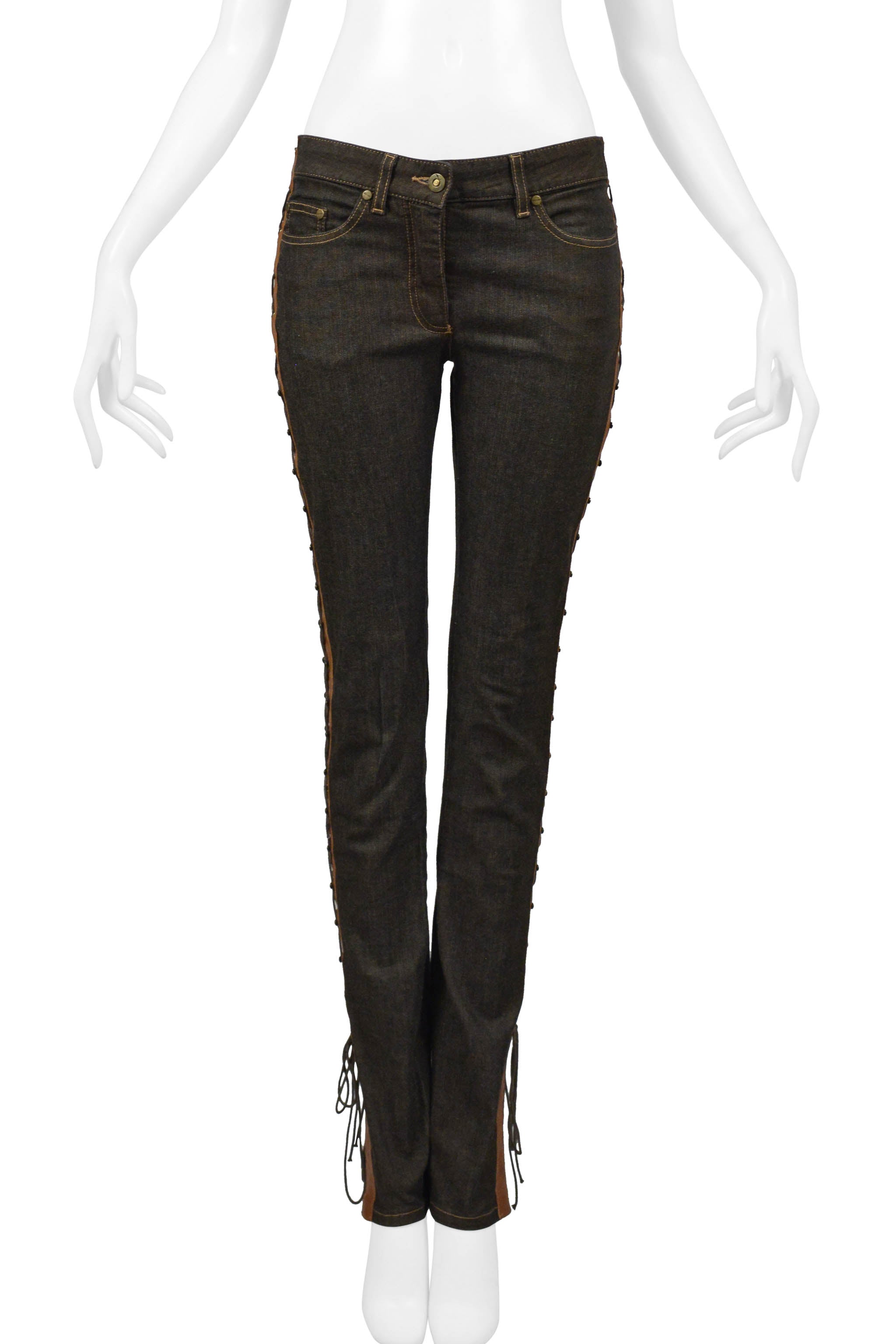 ALEXANDER MCQUEEN DENIM & BROWN LEATHER CORSET JEANS 2002