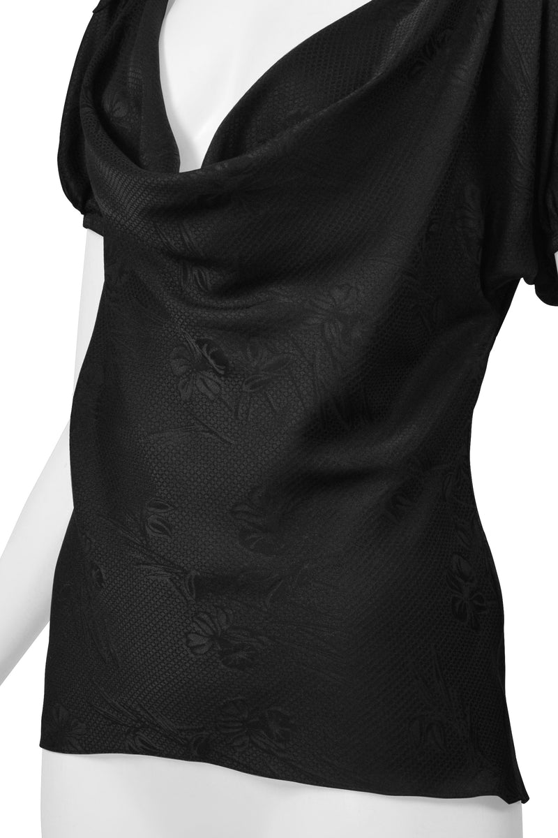 ALEXANDER MCQUEEN BLACK FLORAL SILK BLOUSE WITH SHOULDER TIES 2006