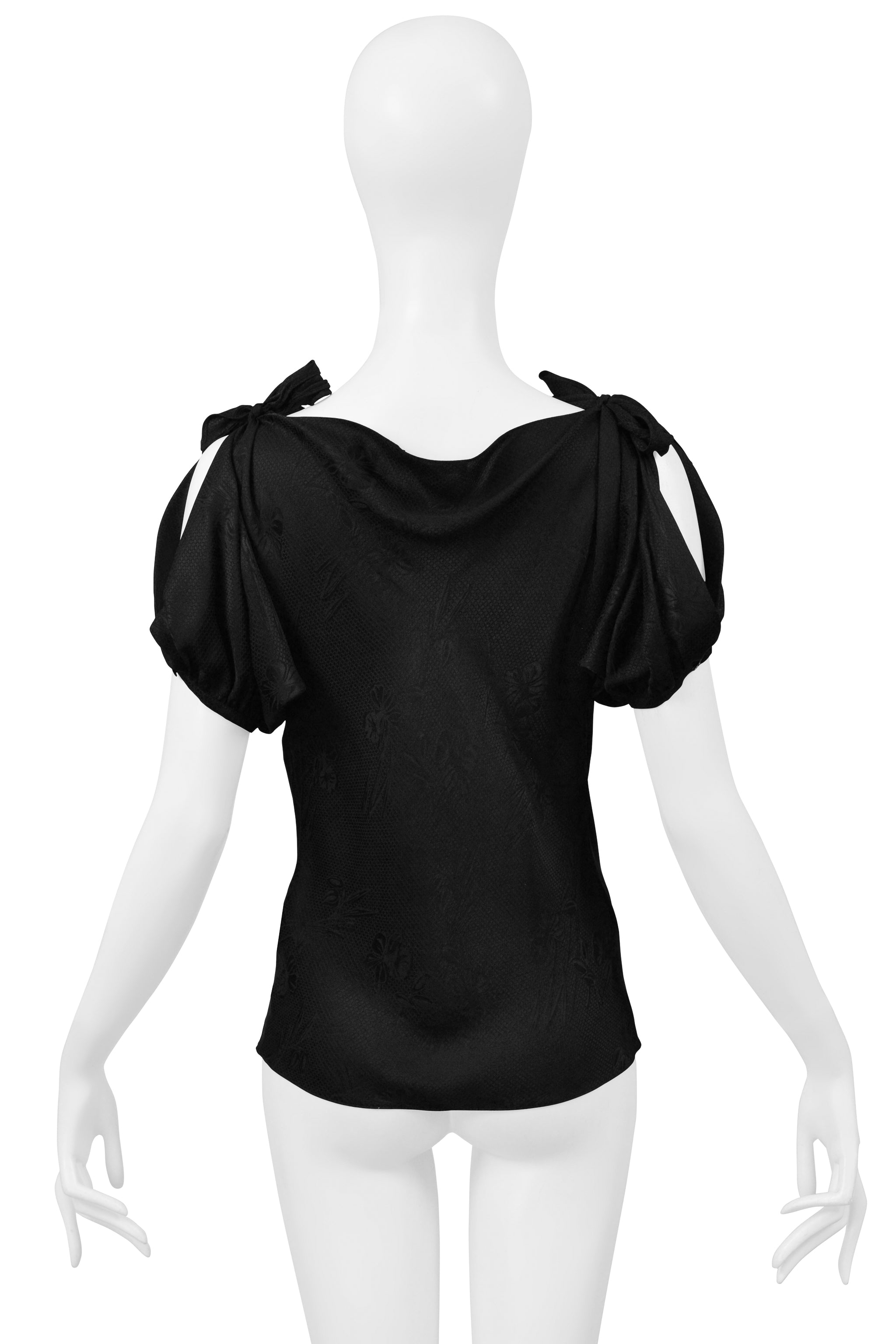 ALEXANDER MCQUEEN BLACK FLORAL SILK BLOUSE WITH SHOULDER TIES 2006