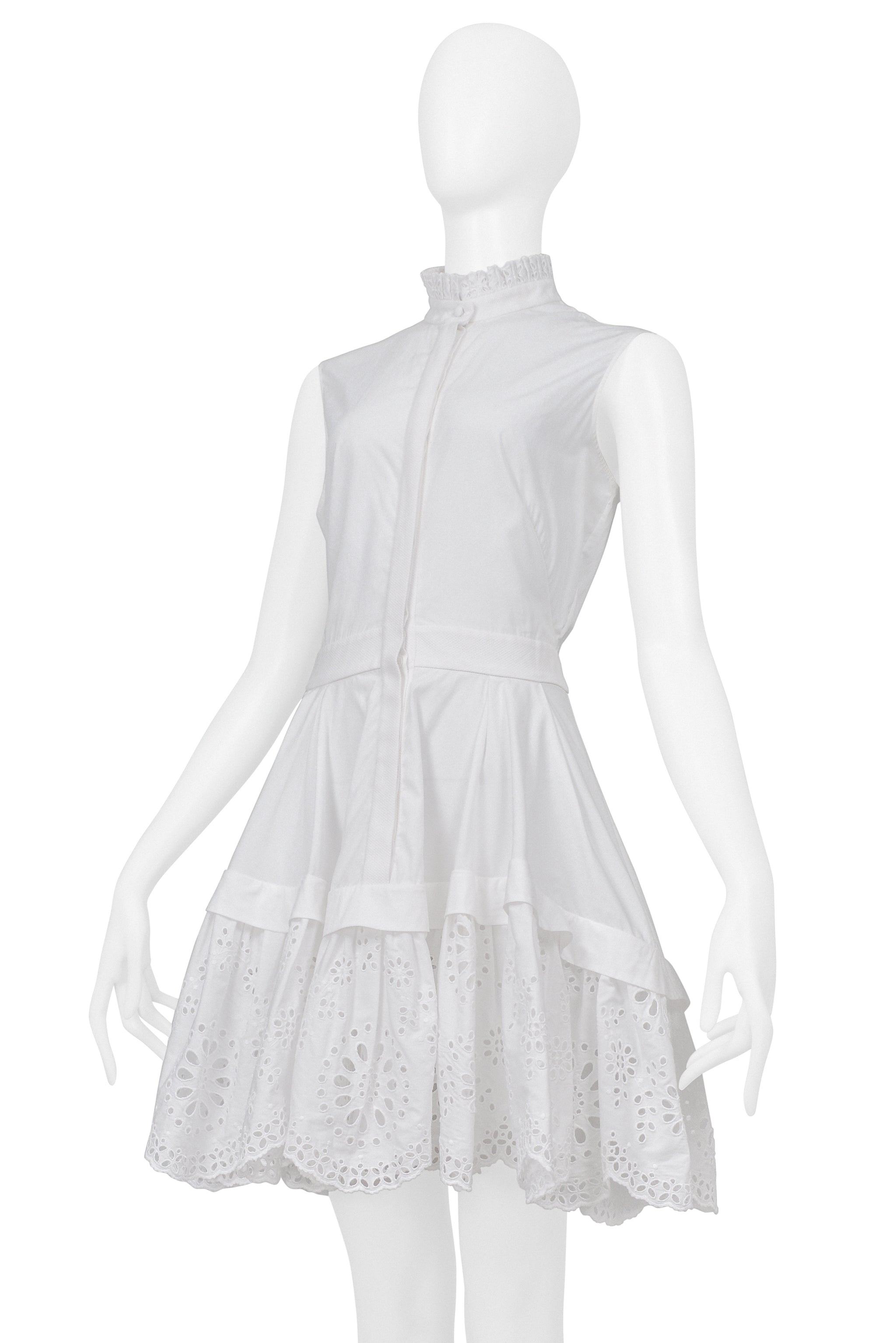 ALEXANDER MCQUEEN WHITE MINI DRESS WITH EYELET TRIM 2018