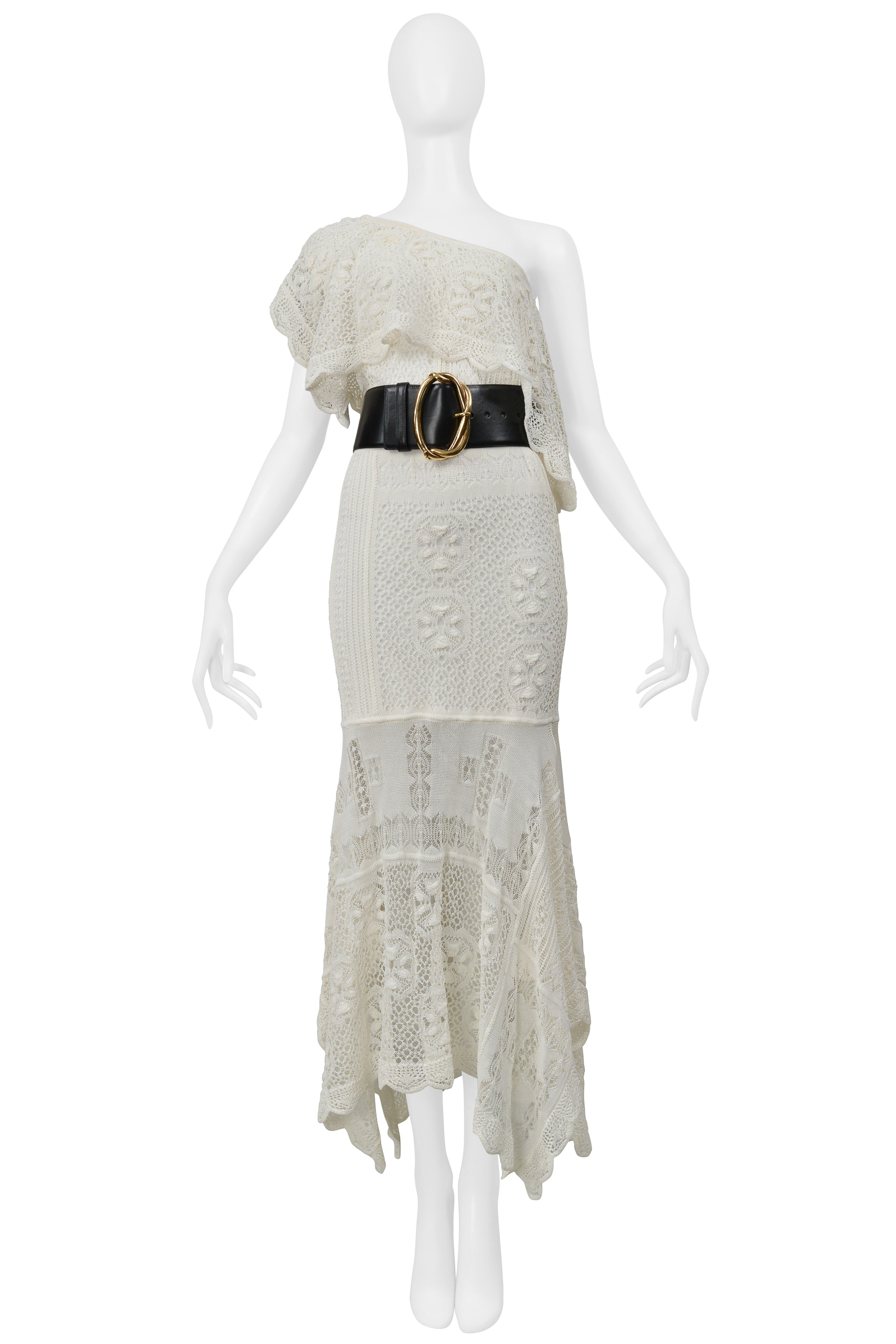 ALEXANDER MCQUEEN WHITE KNITTED DRESS WITH BLACK BELT AND GOLD BUCKLE 2020