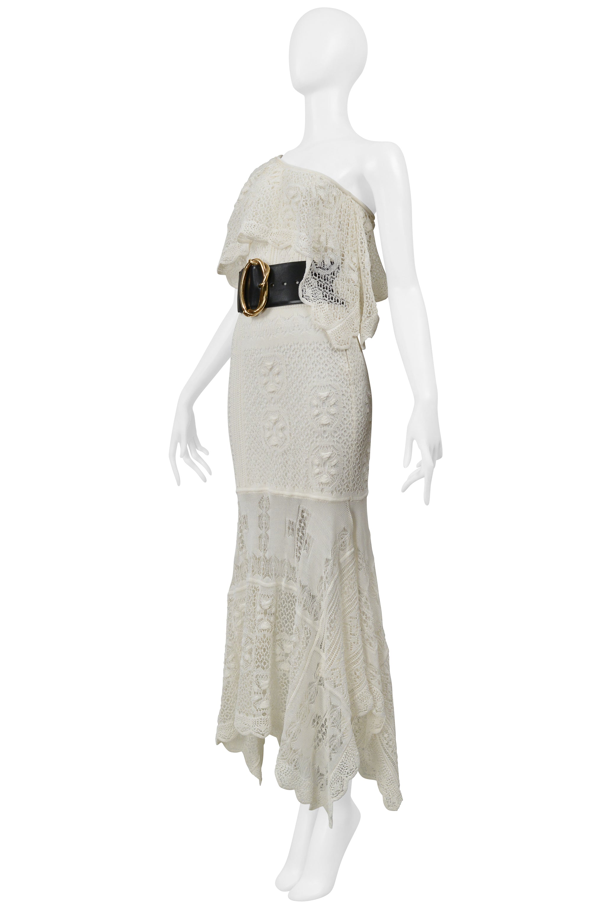 ALEXANDER MCQUEEN WHITE KNITTED DRESS WITH BLACK BELT AND GOLD BUCKLE 2020