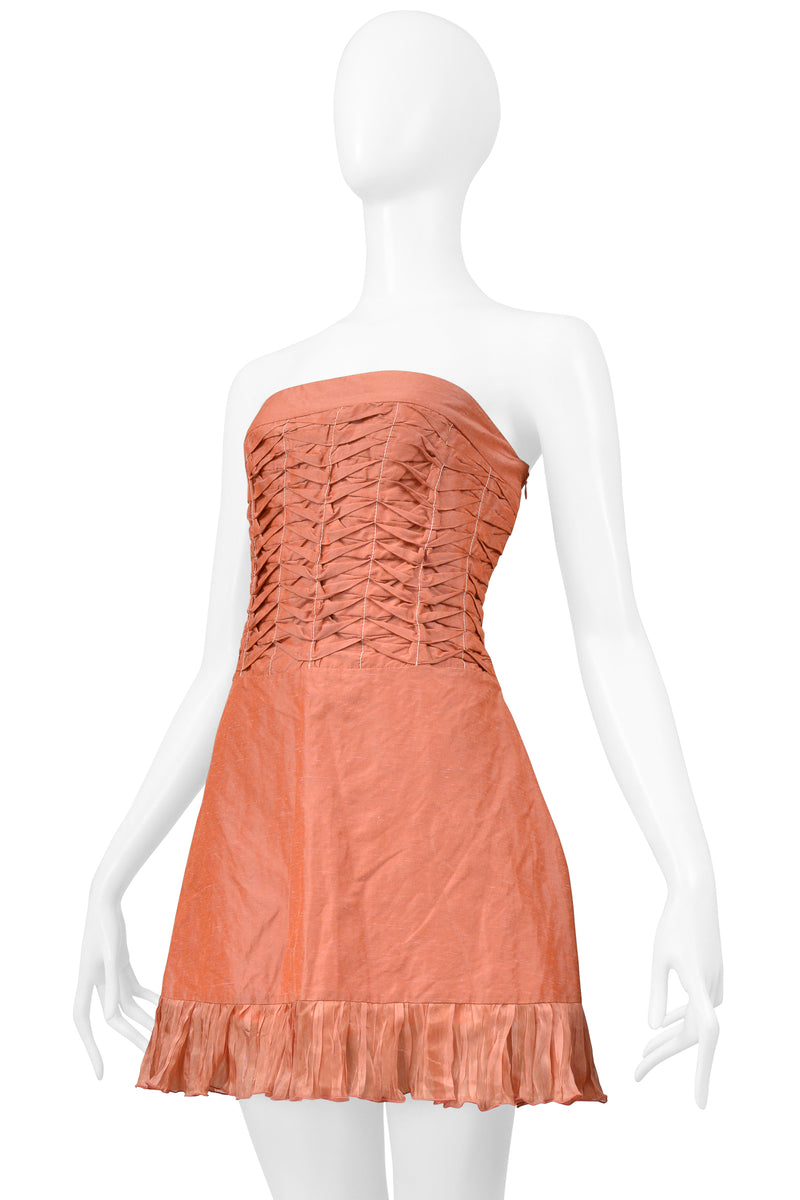 ALEXANDER MCQUEEN PINK PLEATED STRAPLESS DRESS WITH RUFFLE