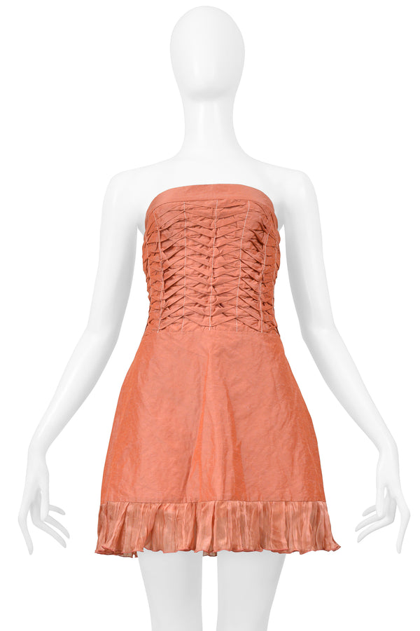 ALEXANDER MCQUEEN PINK PLEATED STRAPLESS DRESS WITH RUFFLE 1990s