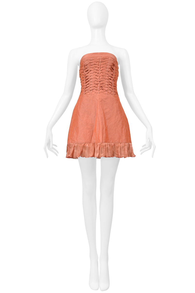 ALEXANDER MCQUEEN PINK PLEATED STRAPLESS DRESS WITH RUFFLE