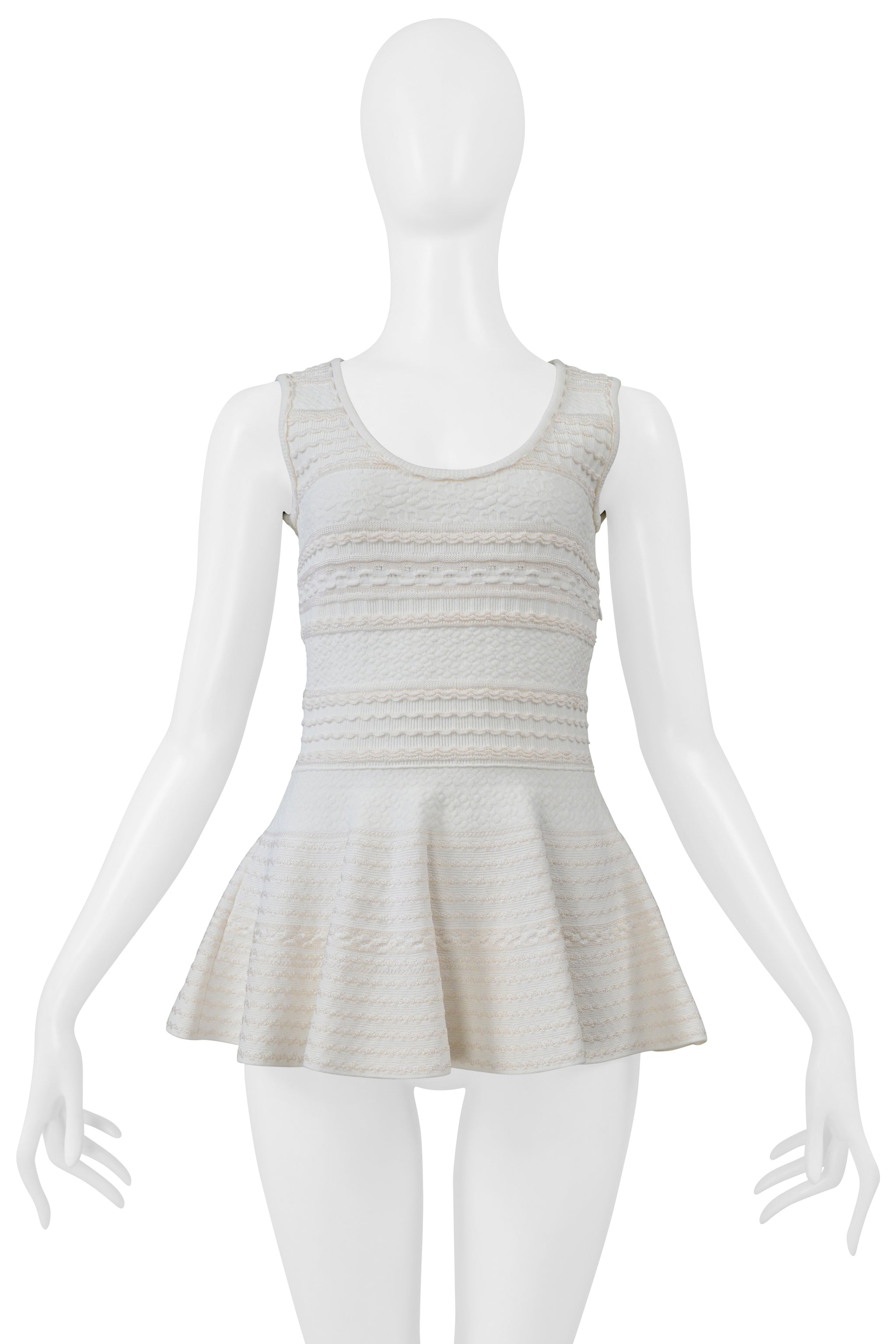 ALEXANDER MCQUEEN WHITE AND CREAM PEPLUM KNIT TANK TOP