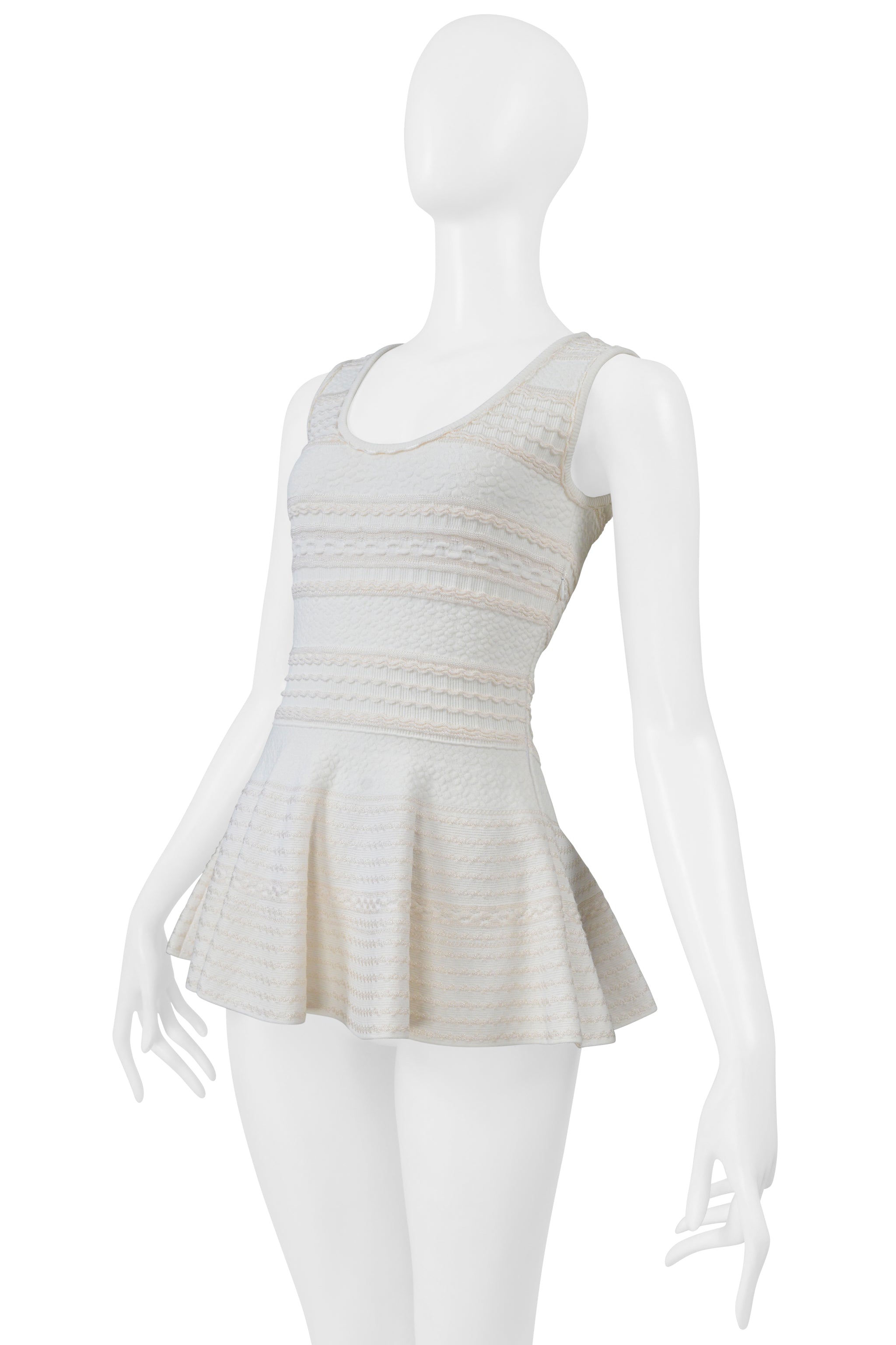 ALEXANDER MCQUEEN WHITE AND CREAM PEPLUM KNIT TANK TOP