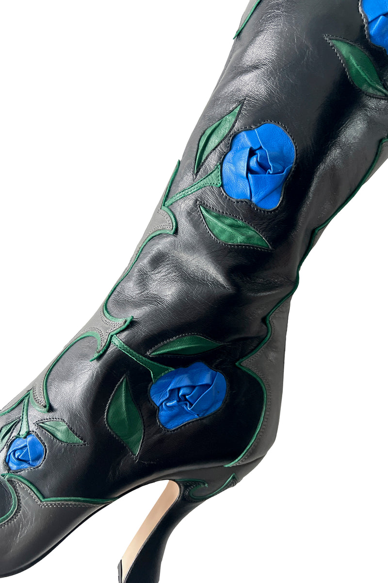 MIU MIU BLACK LEATHER BOOTS WITH BLUE ROSES 2012