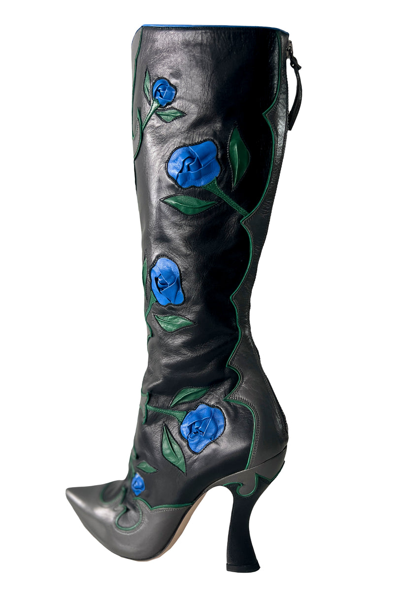 MIU MIU BLACK LEATHER BOOTS WITH BLUE ROSES 2012