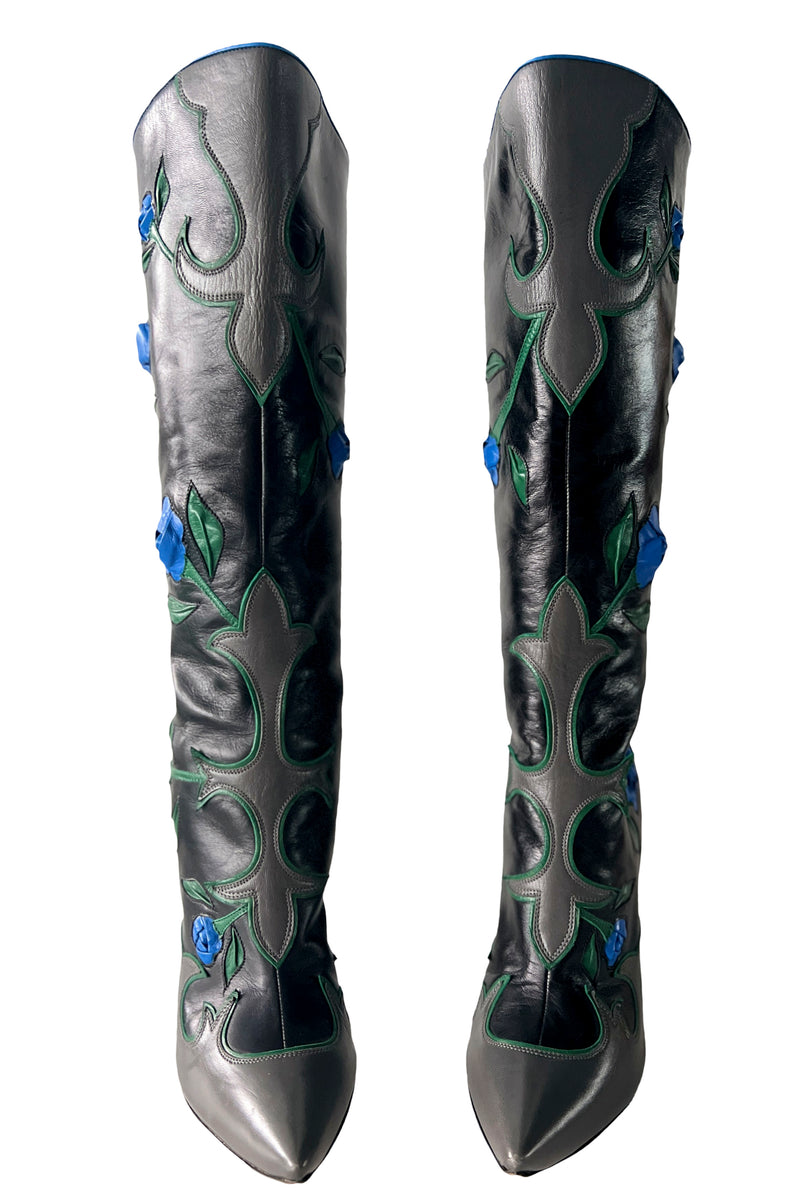 MIU MIU BLACK LEATHER BOOTS WITH BLUE ROSES 2012