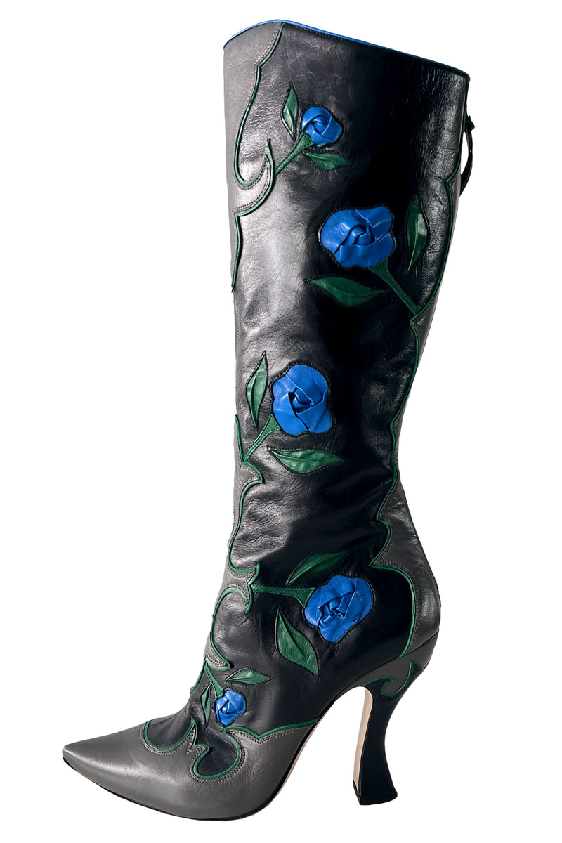 MIU MIU BLACK LEATHER BOOTS WITH BLUE ROSES 2012