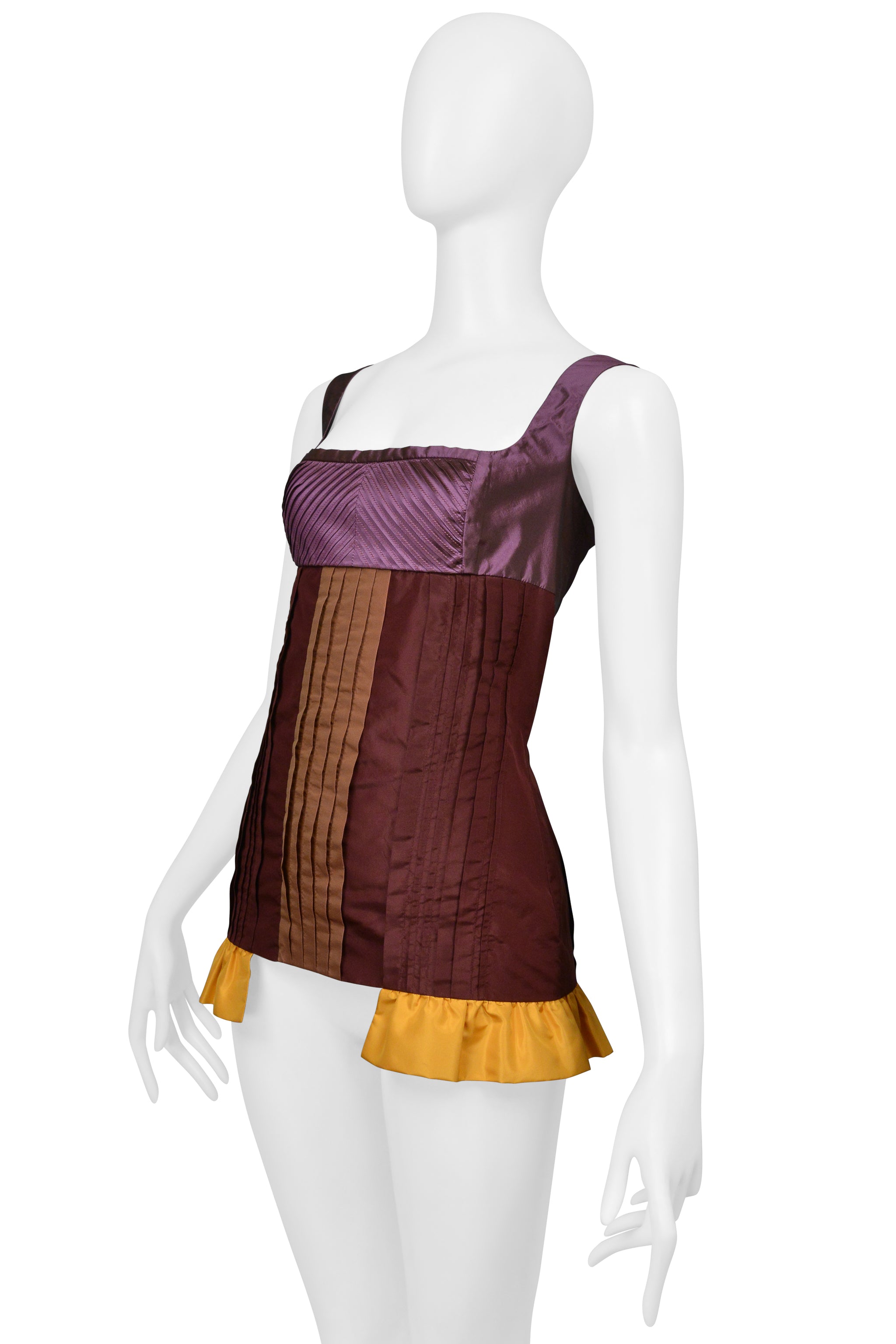 MIU MIU PURPLE RED AND YELLOW PLEATED TOP WITH RUFFLE HEM 2008
