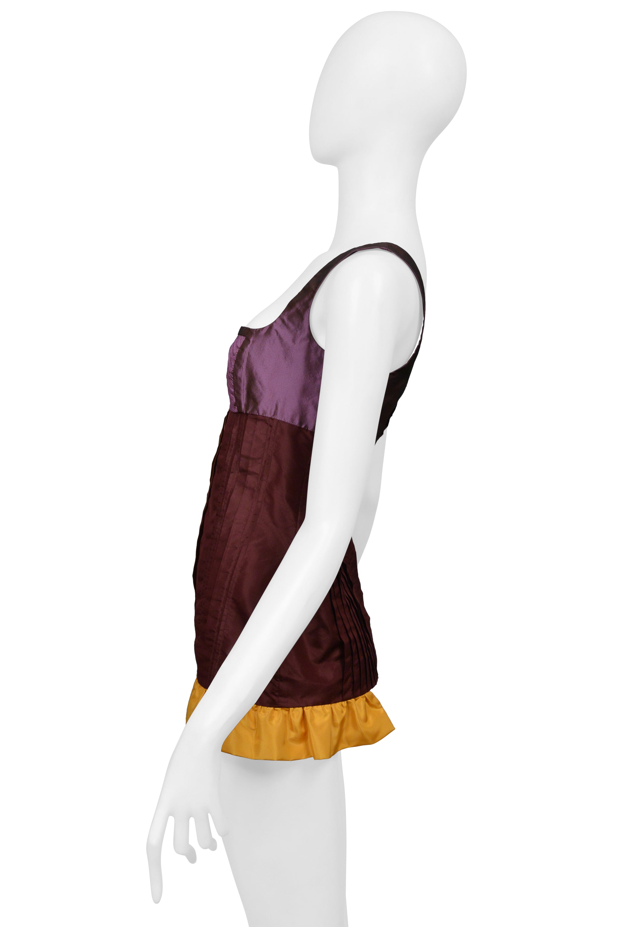 MIU MIU PURPLE RED AND YELLOW PLEATED TOP WITH RUFFLE HEM 2008