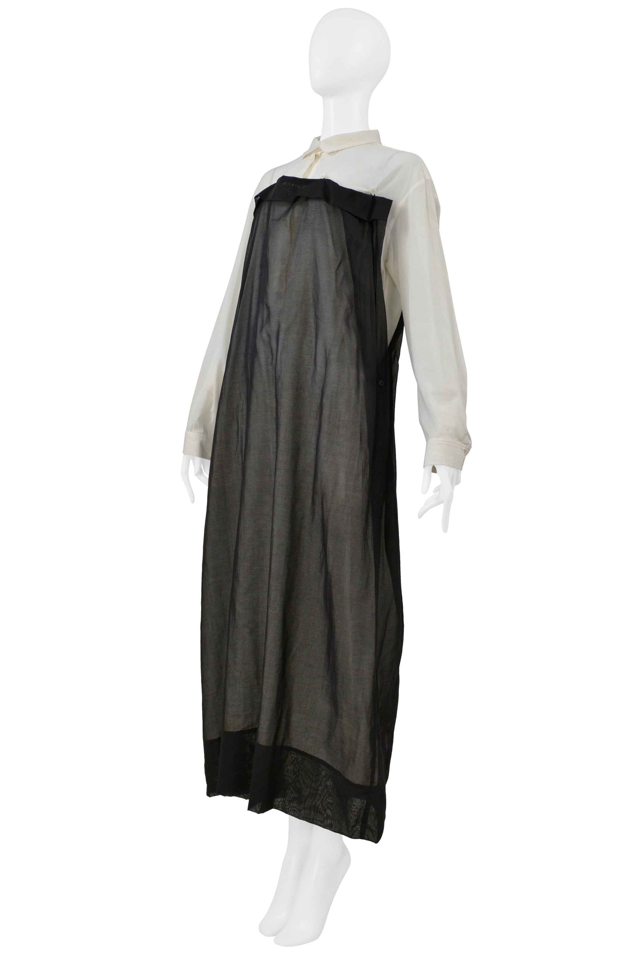 ISSEY MIYAKE OFF WHITE SHIRT DRESS WITH BLACK BUTTON OVERLAY 1998-1999